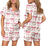 Taooba-Y2k Bow Baseball Print Satin Pajamas Set Lounge Set 2 Piece Women Casual Outfits Set Button Down Shirt Shorts Set Sleepwear