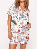 Taooba-Women Comfy Two Piece Pajama Set Y2K Cartoon Printed Satin Silky Short Sleeve Button Shirts Wide Leg Shorts Pjs Loungewear