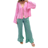 Womens Y2k Plaid Print Pants Gingham Ruffled Hem Elastic Waistband Wide Leg Loose Casual Pajama Trousers Streetweart