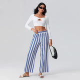 Taooba Women Classic Striped Loose Straight Leg Pants Mid Elastic Waist Casual Sleep Bottoms Female Lounge Pants