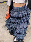 Taooba Japanese Style Plaid Skirt Women Streetwear Ruffles Patchwork Pleated Cake Midi Skirt Summer Fashion Harajuku Vintage