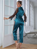 Taooba Women's Satin Pajamas Set Gorgeous Sleeve Top with Pant Contrast Lace Lounge Wear Hollow Out 2pcs Sleepwear