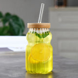 Taooba-350ml Glass Cups With Lid and Straw Mason Jar Clear Juice Milk Cup With Bamboo Lids Drinkware Simple Stripe Juice Milk Mocha Cup