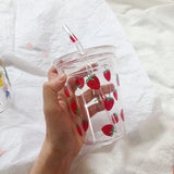 1pc Glass Water Cup Strawberry Clear Tumbler With Lid And Straw Transparent Bottle Wide Mouth Glass Cup for Home Office Outdoor