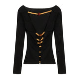 Taooba-Shoulder Blackless T Shirts Women Sexy Coquette Aesthetic Crop Tops Wooden Beaded Solid Long Sleeve Tees 2024 New