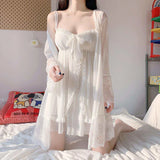 Taooba Christmas Outfit Summer Sexy Pajamas with Breast Pads Female Lace Pajamas Robe Gown Set Sexy Sleepwear White Lace Night Gown  Lingerie for Women