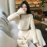 Taooba  Imitation Mink Fur Knitted Sweater Skirt Sets Temperament Round Neck Short Pullover Crop Top High Waist Bodycon Suit