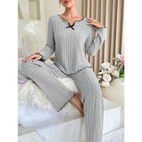 Taooba Women Autumn Winter Sleepwear Ribbed Pajamas Set Long Sleeve Top and Long Pants 2 Piece Set Casual Homewear Loungewear