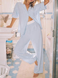 Taooba-Women Y2k Striped 2 Piece Pajama Set Short Sleeve Button Down Blouse Gingham Wide Leg Lounge Pants Sets Sleepwear