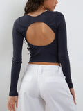 Taooba-Women Cute Ribbed Slim Cropped Tops Solid Color Long Sleeve Round Neck Cutout Back T-Shirt