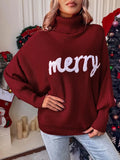 Taooba-Women Merry Sweaters Turtleneck Long Sleeve Letter Print Loose Knitted Pullover Merry Christmas Sweater