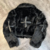 Taooba 2024 Winter Women Jacket Lapel Long Sleeve Patch PU Cross Fur Cotton Coat