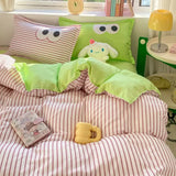 Pink Green Duvet Cover Set with Big Eyes Flat Sheet Pillowcases No Filling Twin Single Queen Size Boys Girls Home Bedding Set