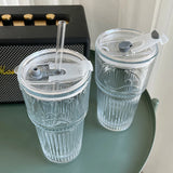 Taooba-1pc 600ml Stripe Glass Cup with Lid and Straw Transparent Drinking Glasses for Juice Iced Coffee Water Cup Outdoor Drinkware Mug