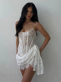 Taooba   Lace Strapless Ruched Sexy Mini Dress For Women Fashion Fishbone Off-shoulder Sleeveless Backless Club Party Dress