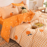 Orange Bedding Set Floral Cute Girl Boys Bed Linen Sheet Plaid Duvet Cover Pillowcase No Filling Single Double King Home Textile