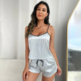 Taooba Christmas Outfit Women New Fashion Sexy Stripe Pajama Set Women's 2 Pieces Sleepwear Pyjamas Silk Satin Cami Top and Shorts Pajamas for Women