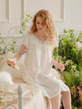 Taooba Sweet Princess  100% Viscose Short Sleeve White Color Nightgowns For Women Comfortable Lace Sleepwear Loose Royal  Summer Dress