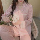 Taooba Christmas Outfit Spring Autumn New Ice Silk Soft Pajama Sets for Women Lace Lapel Cardigan Outfits for Women 2 Piece Set Sweet Pink Women Pajama