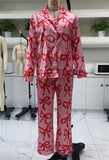 Taooba-Bow Print Pajamas Set Y2k Graphic Button Down Long Sleeve Shirt Straight Leg Long Pants Women's Loungewear Pants Set