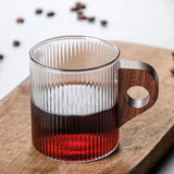 Taooba-Glass Coffee Mug Japanese-Style Glass Cup with Wooden Handle Vertical Stripes Tea Milk Cup Home Office Drinkware Beer Mug Gift