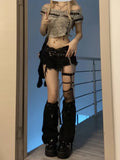 Taooba-Women Dark Academia Y2k Goth Harajuku Fashion Gyaru Kpop Jean Low Rise Shorts Ripped Denim Tassel Grunge Hot Pants 2000s Grunge