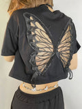 Taooba- Harajuku Lace Butterfly Crop Tshirts Women Vintage Streetwear Sexy Black Mesh Tops Aesthetic Hollow Grunge Tees Summer