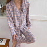 Taooba Christmas Outfit Minimalist and Casual Girls Pajamas Spring Autumn Thin Lapel Cardigan Home Clothing Purple Plaid Leisure Sleepwear for Students