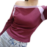 Taooba - Contrast Color Off Shoulder Long Sleeve Tee