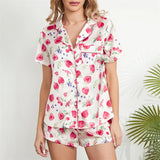 Taooba-Womens Cute Print Pajamas Shorts Set Satin Two-piece Pj Sets Short Sleeve Sleepwear Loungewear Button-Down 2 Piece Pjs Set