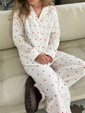 Taooba Women 2 Piece Floral Pajama Set Long Sleeve Button Down Blouse Heart Printed Lounge Pants Outfit Sleepwear