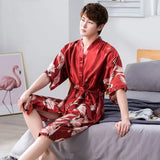 Taooba-Half Sleeve Print Men Satin Kimono Nightwear Crane Sleepwear Home Dressing Gown Robe Set Loungewear Nightgown Bathrobe