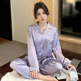 Taooba Christmas Outfit Women's Pajamas Sets Spring Autumn 2 Piece Buttons Down Pyjama Faux Silk Satin Sleepwear Long Sleeve Pijama Mujer Pjs Homewear