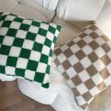 Taooba-Lamb Fleece Checkerboard Pillow Cushion Cover Soft Waxy Plush Retro Plaid Sofa Throw Pillowcase Lumbar Pillow Cover Room Decor