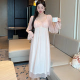 Taooba-Sexy Lace Mesh Nightwear Women Long Sleeve Sleepwear Modal Nightdress Princess Homewear Loungewear Palace Style Nightgown