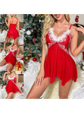 Taooba-Women Christmas Lingerie Nightdress Flower Embroidery Spaghetti Strap Mini Short Sleepwear