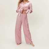 Taooba Vintage Satin Loungewear Set Bowknot Long Sleeve Lapel Button Blouse Shirt + Elastic Waist Pants 2 Pieces Sleepwear Pajamas