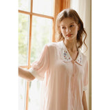 Taooba Fashion 100% Viscose Women's  Nightgowns Pink Color Embroidery Collar Cardigan  Summer Short Sleeve Sleepwear Home Loose Dress