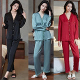 Taooba-Casual Pajamas Set Satin Sexy Women 2 Piece Sleepwear Silky Pyjamas Loungewear Solid Nightwear Spring New Bathrobe Shirt&Pants