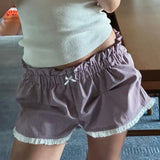 Taooba Y2K Vintage Plaid Shorts Bow Trim Elastic Waist Boxers Pants Retro Streetwear Sweet Cute Aesthetic Frill Shorts Kawaii Outfits