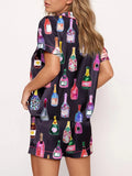 Taooba-Women’s 2 Piece Pajamas Set Short Sleeve Champagne Print Button Up Shirt + Shorts Set Summer Loose Home Clothes