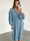 Taooba Linad Lantern Sleeve Night Dress Women Loose V Neck Sleepwear 2022 Autumn Cotton Woman Dresses Casual Pajamas Solid Elegant