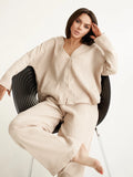 Taooba Linad Khaki Pure Cotton Sleepwear V Neck Single Breasted Wide Leg Pants Trouser Suits Drop Sleeves Set Woman 2 Pieces Loungewear