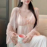 Taooba-Sexy Lace Mesh Nightwear Women Long Sleeve Sleepwear Modal Nightdress Princess Homewear Loungewear Palace Style Nightgown