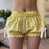 Taooba Cottage Ruffle Low Waisted Bubble Micro Shorts Preppy Coquette Mini Pumpkin Bloomers Y2K Bow Trim Puffball Poofy Ribbon Pants