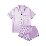 Taooba-Casual Women Pajamas Set Short Sleeve Lapel Collar Buttoned Shirt Tops Elastic Waist Stripe Short Pants