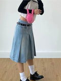 Taooba- Y2k Streetwear Denim Pleated Skirt Women Vintage Low Waist A-line Distressed Knee-lenght Jeans Skirt Japanese Fashion