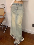 Taooba-Old Washing Long Denim Skirt Women Vintage Streetwear High Waist Split Korean Fashion Maxi Jean Skirt Spring Casual