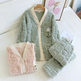 Taooba-Embroider Flower Pajamas V-Neck Sleep Set Wome Winter Thick Flannel Home Clothes with Pocket Warm Coral Fleece Nightwear