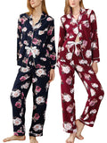 Taooba-Women Satin Pajama Set Casual 2 Piece Flower Print Long Sleeve Shirt and Loose Fit Pants Sleepwear Loungewear